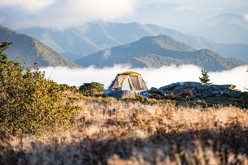 Tent on a mountaintop in fall