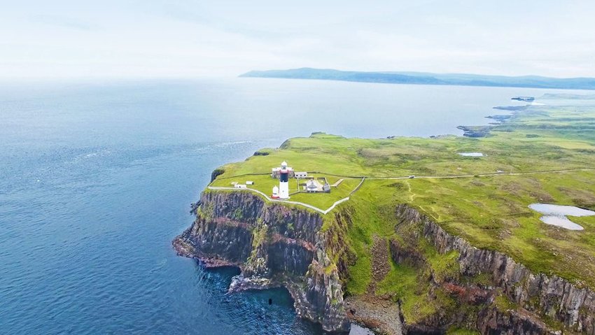 Aerial view of lighthouse on cliffs of Rathlin Island