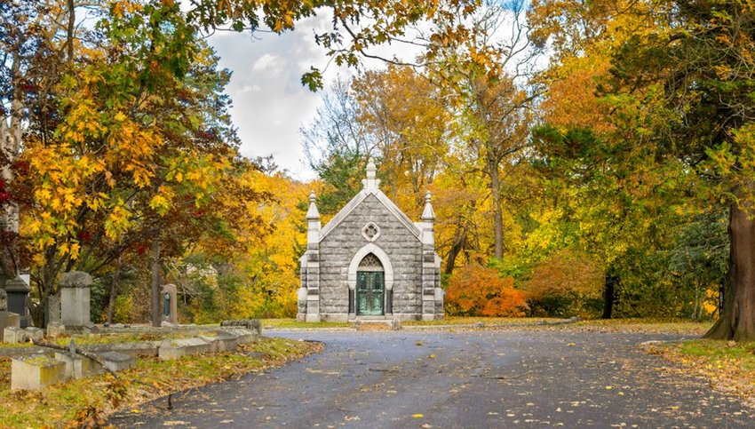 Sleepy Hollow Cemetery surrounded by autumnal fall foliage