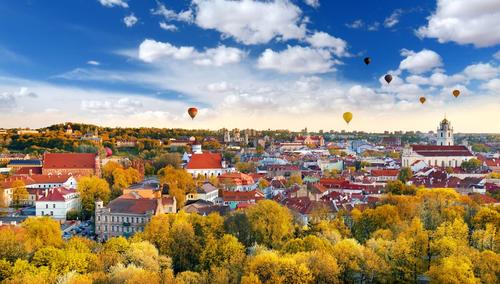 Hot air balloons over the Old Town of Vilnius