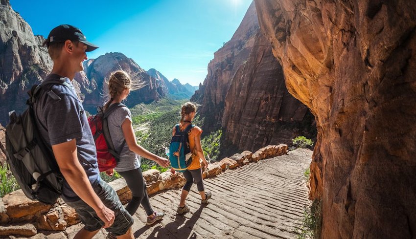 Group of hikers  walking through Zion National Park
