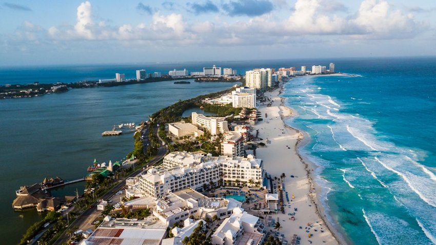 aerial view of hotels along Cancun beach