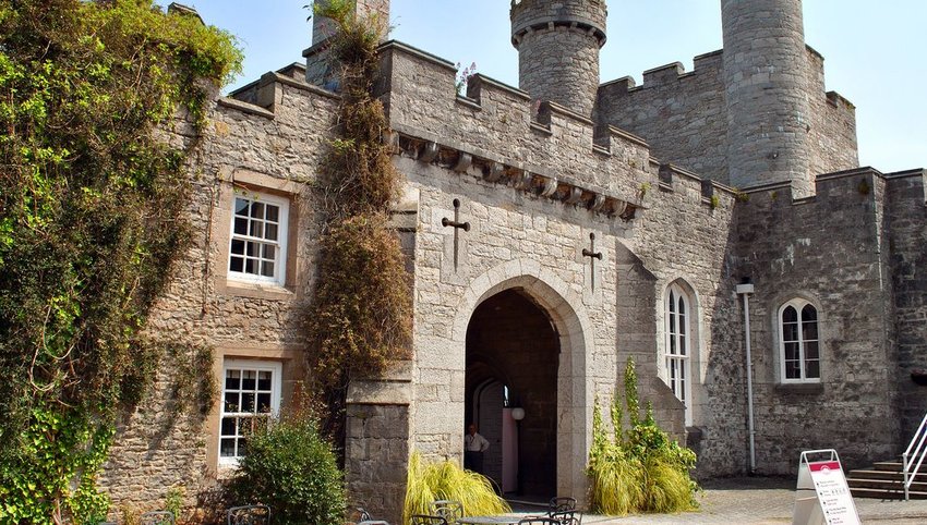 Front view of Ruthin Castle Hotel and Spa, Denbighshire, Wales, United Kingdom