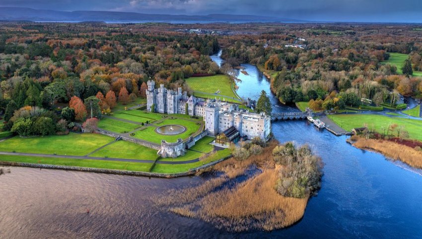 Aerial view of Ashford Castle on an autumn day, Ireland