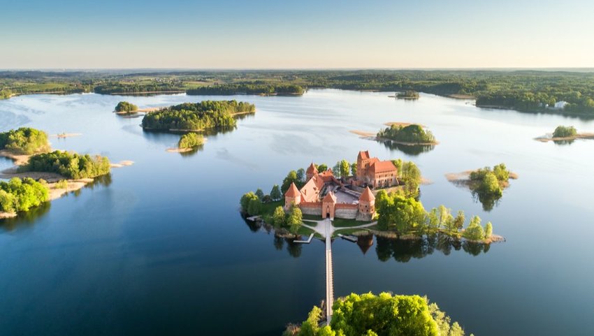 Early morning at Trakai Castle on an island in Lake Galvė, Lithuania