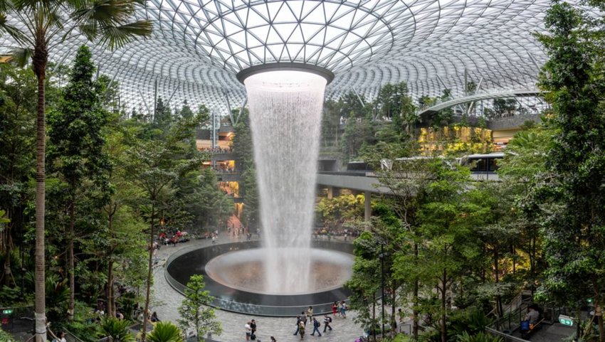 Interior view of waterfall at Changi Airport, Singapore