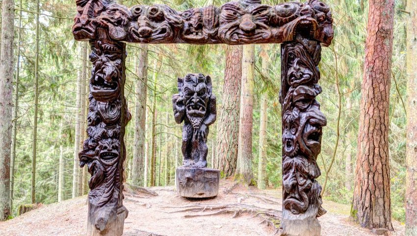 Old wooden sculptures in Witch Hill Park, Lithuania