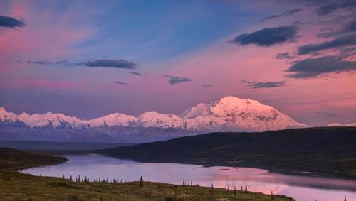 Colorful alpenglow sunset over Mount Denali, Alaska