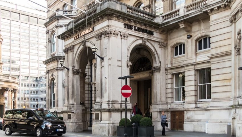 Exterior view of the Langham Hotel on Portland Place, London, England