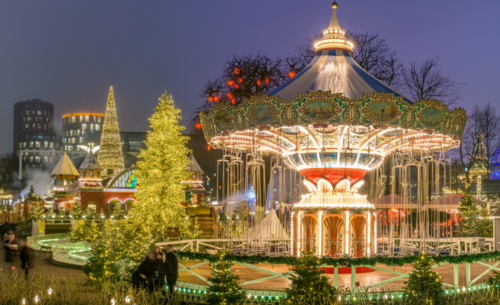 The carousel and Christmas illumination in Tivoli Gardens, Copenhagen, Denmark