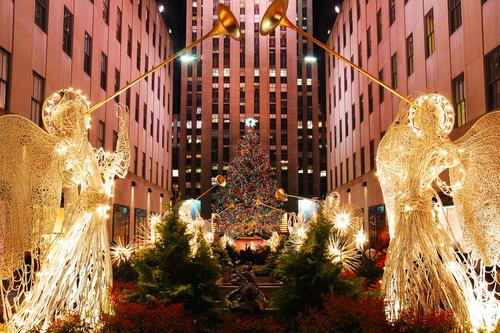 Lighted up angels at Rockefeller center in New York City
