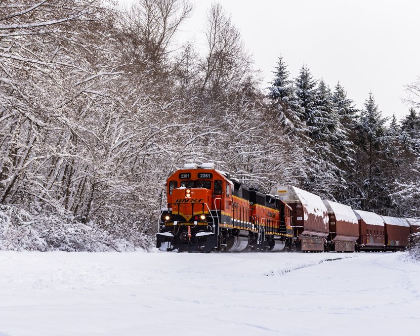 Brown train going past trees covered in snow in winter