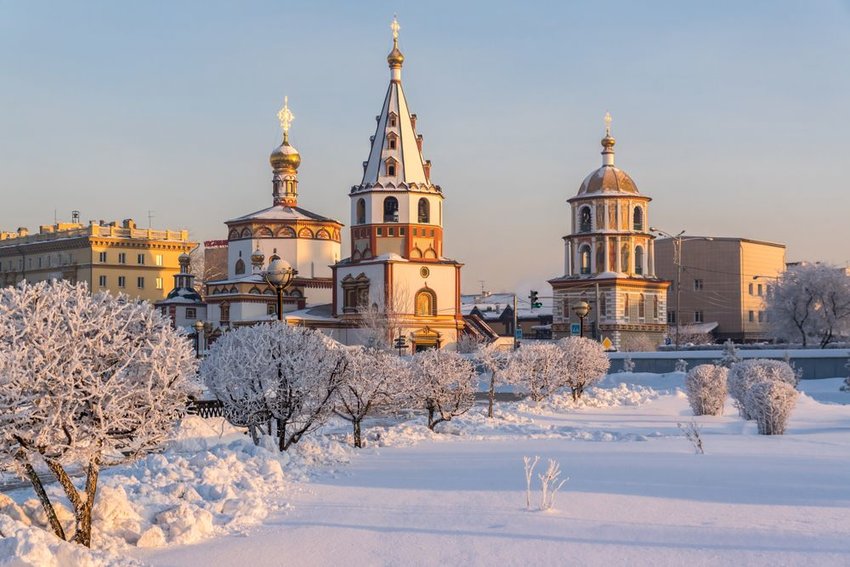 Winter view of the Cathedral of the Epiphany in Irkutsk, Russia. 