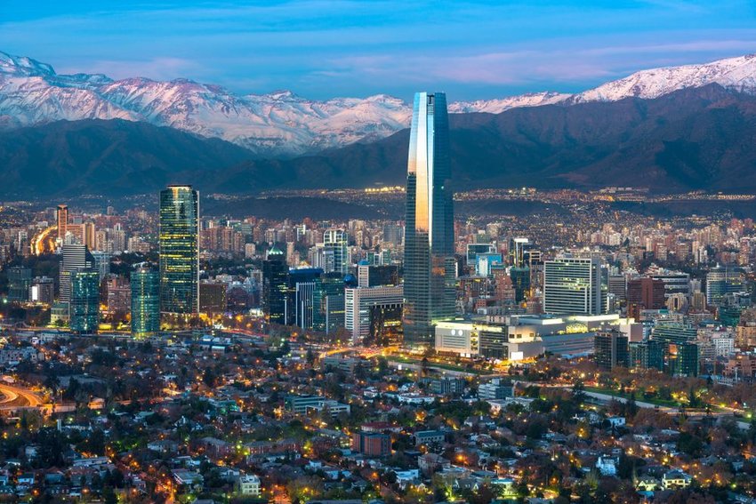 Panoramic view of Providencia and Las Condes districts with Costanera Center skyscraper, Titanium Tower and Los Andes Mountain Range, Santiago de Chile