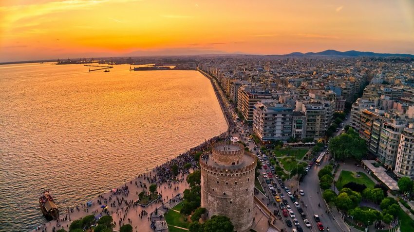 Aerial view of famous White Tower of Thessaloniki at sunset, Greece