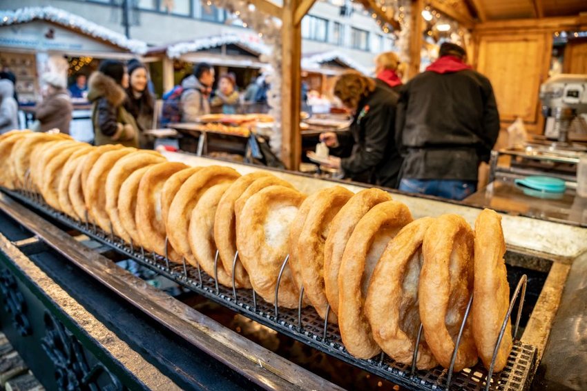 Line of langos at Christmas market in Budapest