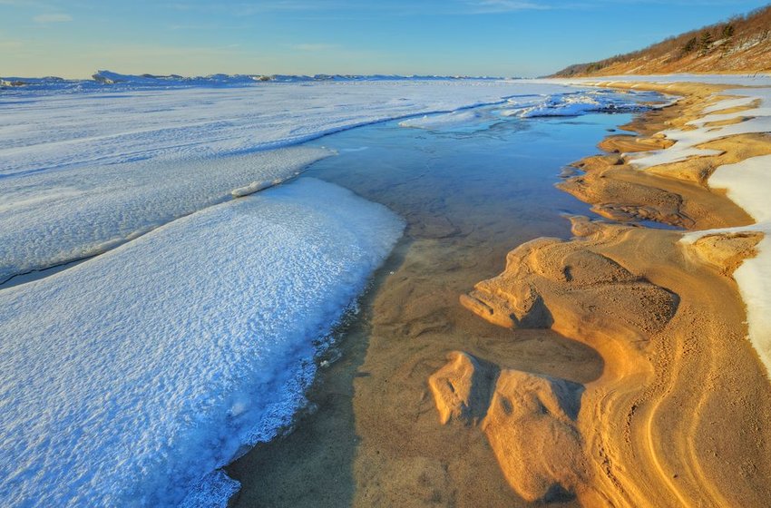 Iced shoreline of Lake Michigan in Saugatuck Dunes State Park