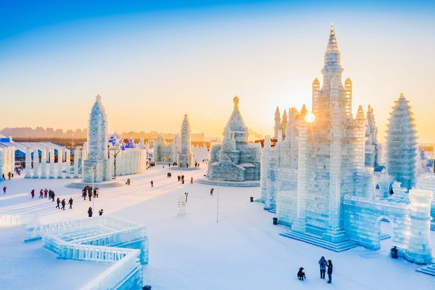 Ice sculptures in the Ice and Snow World in Harbin, China.