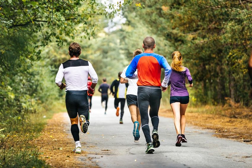Group of people jogging down a road on a fall day 