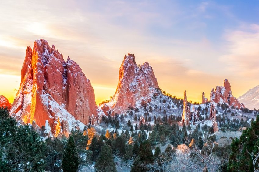 Garden of the Gods, Colorado Springs covered in snow at sunrise