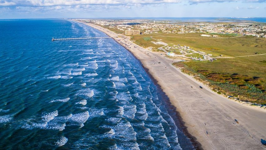 Padre island shoreline drone view in Port Aransas, Texas