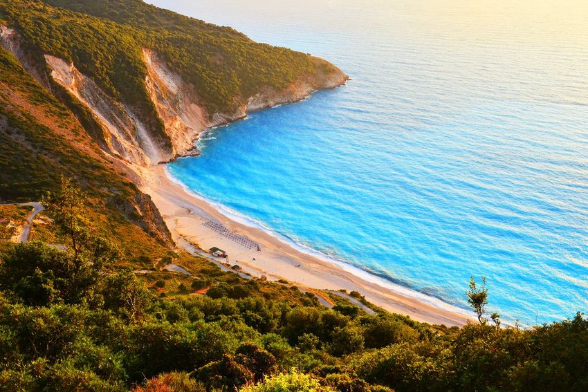 Sunset at famous Myrtos beach in Kefalonia