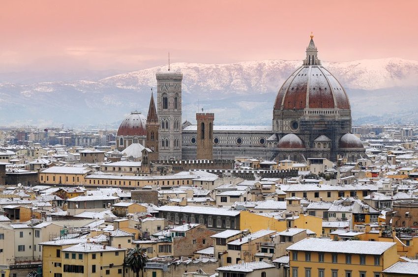 Beautiful winter cityscape of Florence with Cathedral of Santa Maria del Fiore on the background