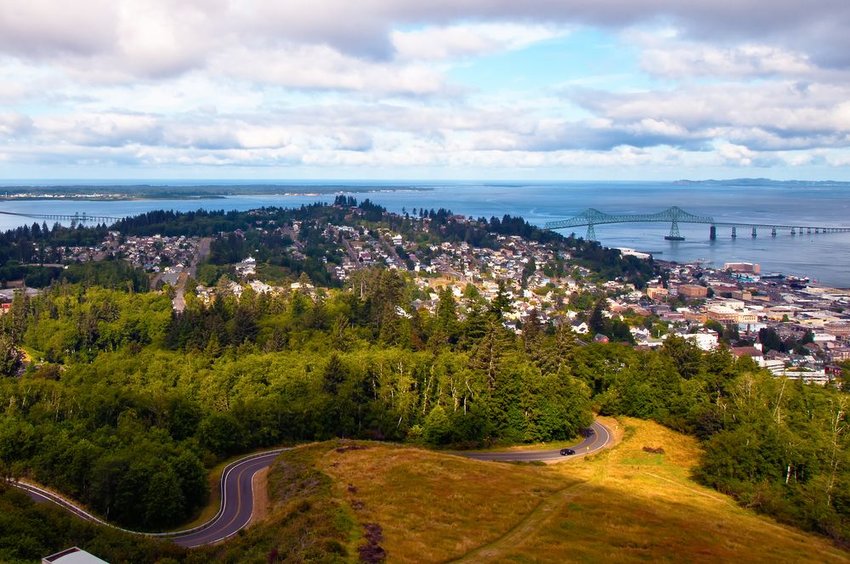 View from up high of Astoria, Oregon and the Columbia River