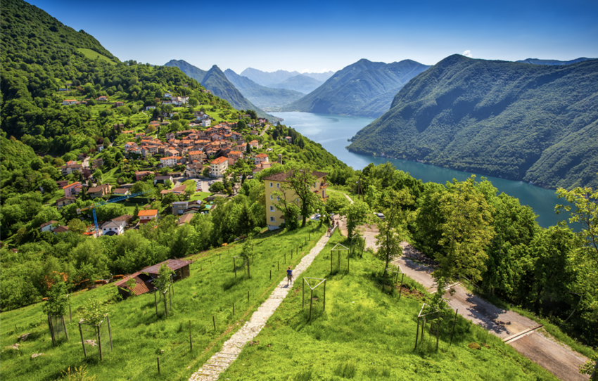 View of Lugano city, Lugano lake and Monte San Salvatore