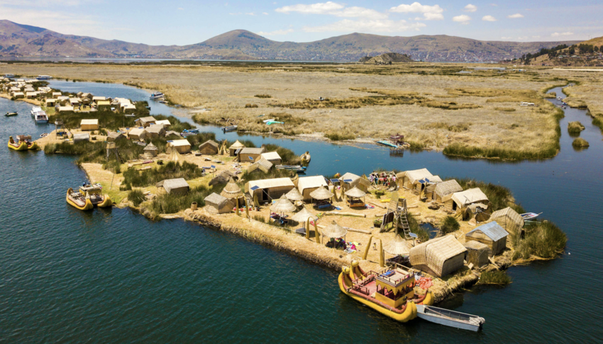 Aerial view of floating islands of Uros at Lake Titicaca