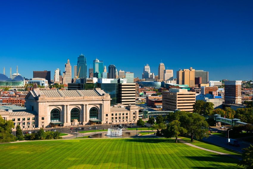 Downtown Kansas City skyline view with Union Station and Penn Valley Park in the foreground 