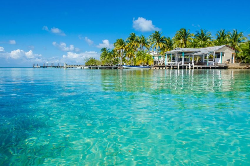 Clear blue water with homes on shore with palm trees in Belize Cayes