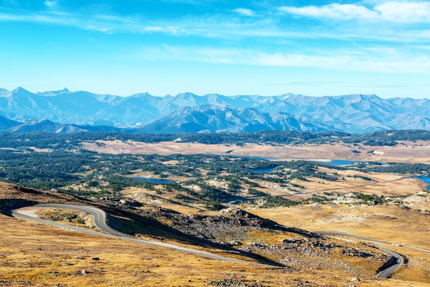 Beartooth Highway between Montana and Wyoming with mountain range in background 