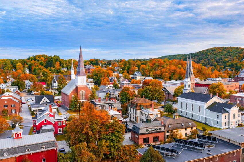 Montpelier, Vermont skyline surrounded by fall trees