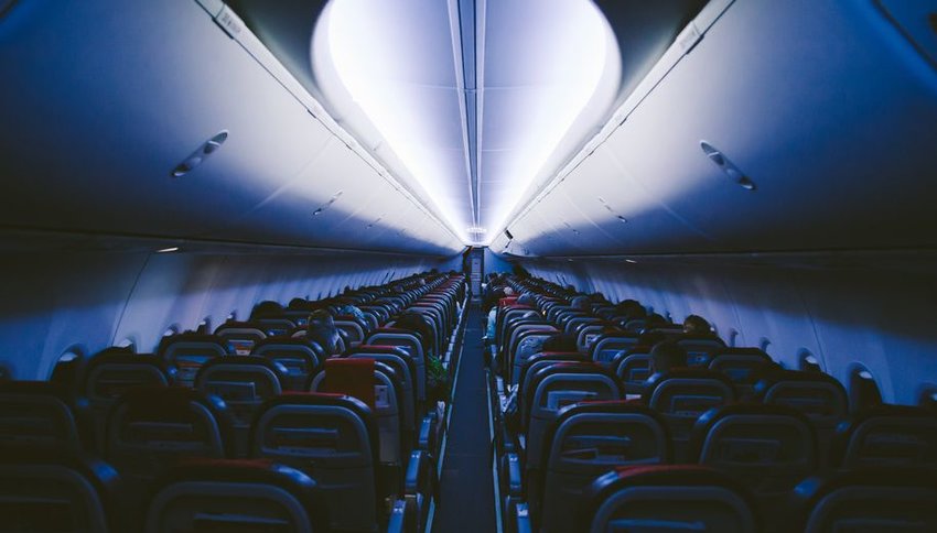 Interior view of a plane at nighttime