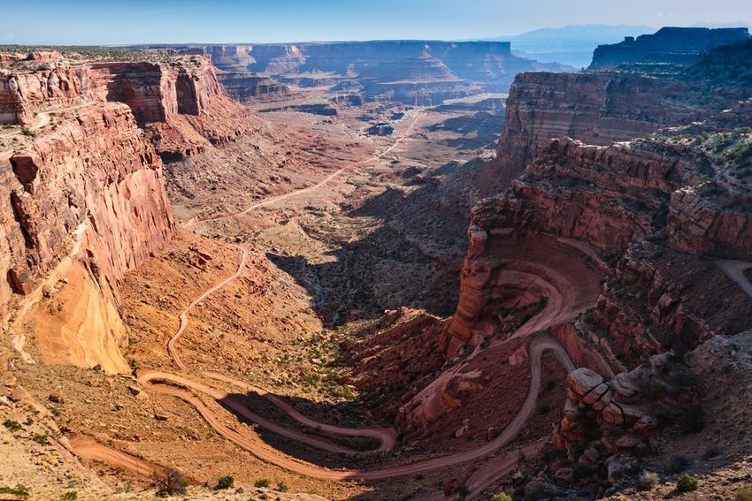 Shafer trail in Moab, Utah winding down into a canyon