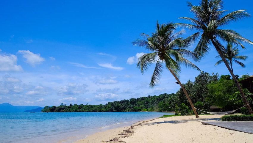 Two palm trees holding up a hammock on beach on Koh Phayam Island, Thailand