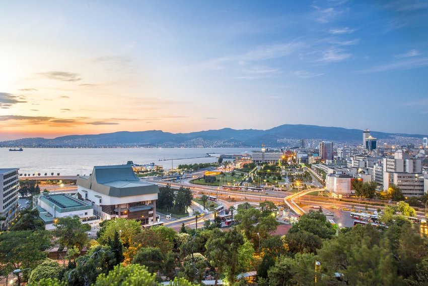 View of Izmir from above with ocean and mountains in the background 