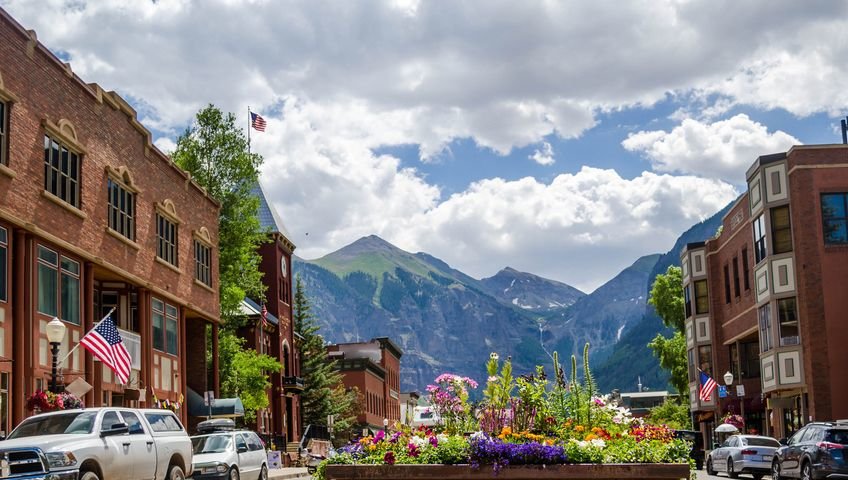 Telluride main street with mountains in background