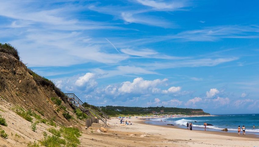 Beach on Block Island with people walking the shore