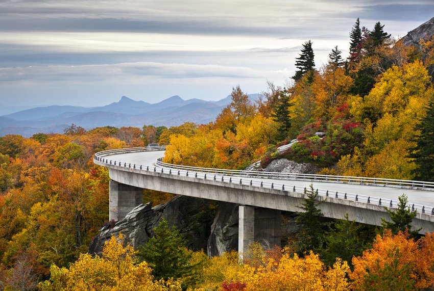 Blue Ridge Parkway winding around a turn surrounded by trees in fall 