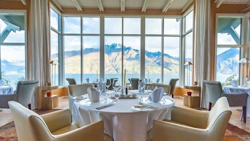 Dining room with view of mountains