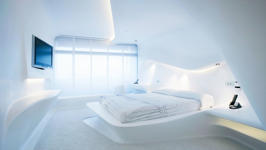 Interior of white, futuristic bedroom