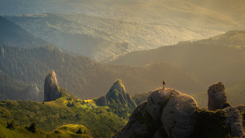 Person standing at end of rock ledge looking out onto hills of trees in sunlight