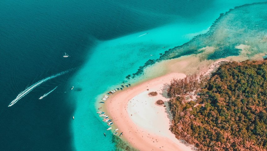 Boats docked on beach with forest