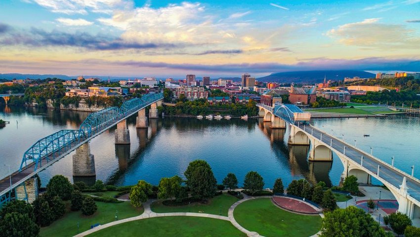 Aerial view of two bridges leading to Chattanooga skyline