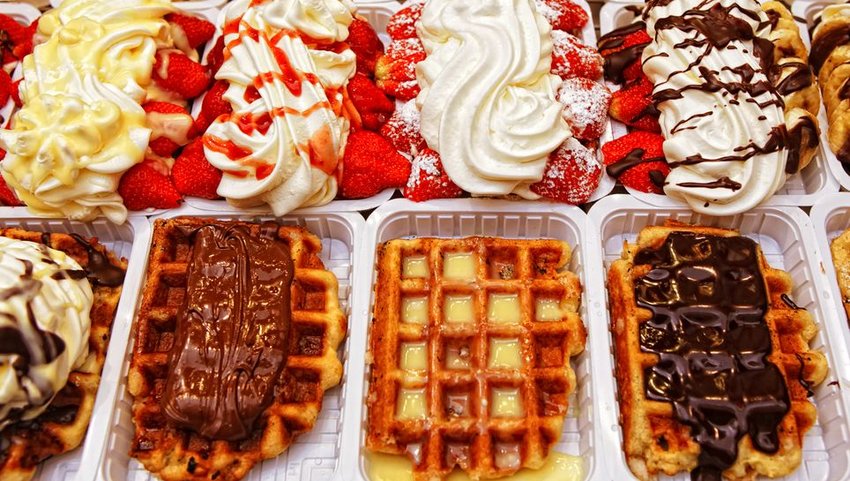 Rows of waffles with varying toppings