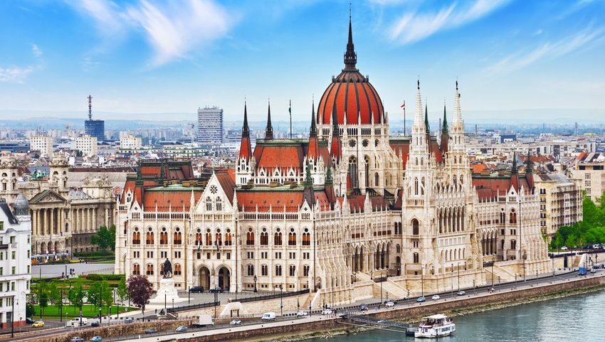 Aerial view of Hungarian Parliament Building with cityscape in the background