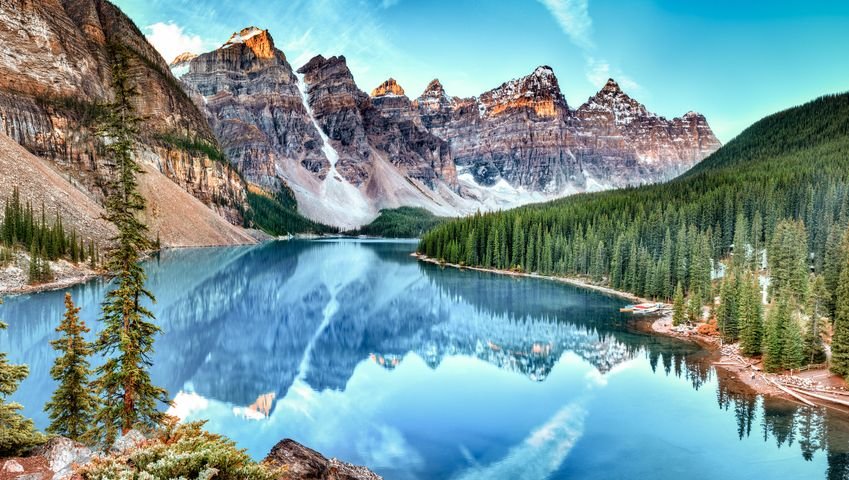 Banff National Park with mountains reflecting in the lake