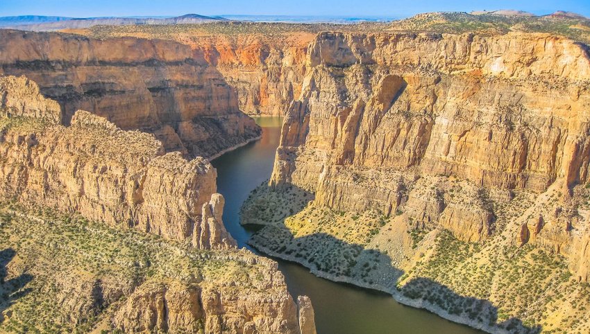 Bighorn canyon with river running through seen from above